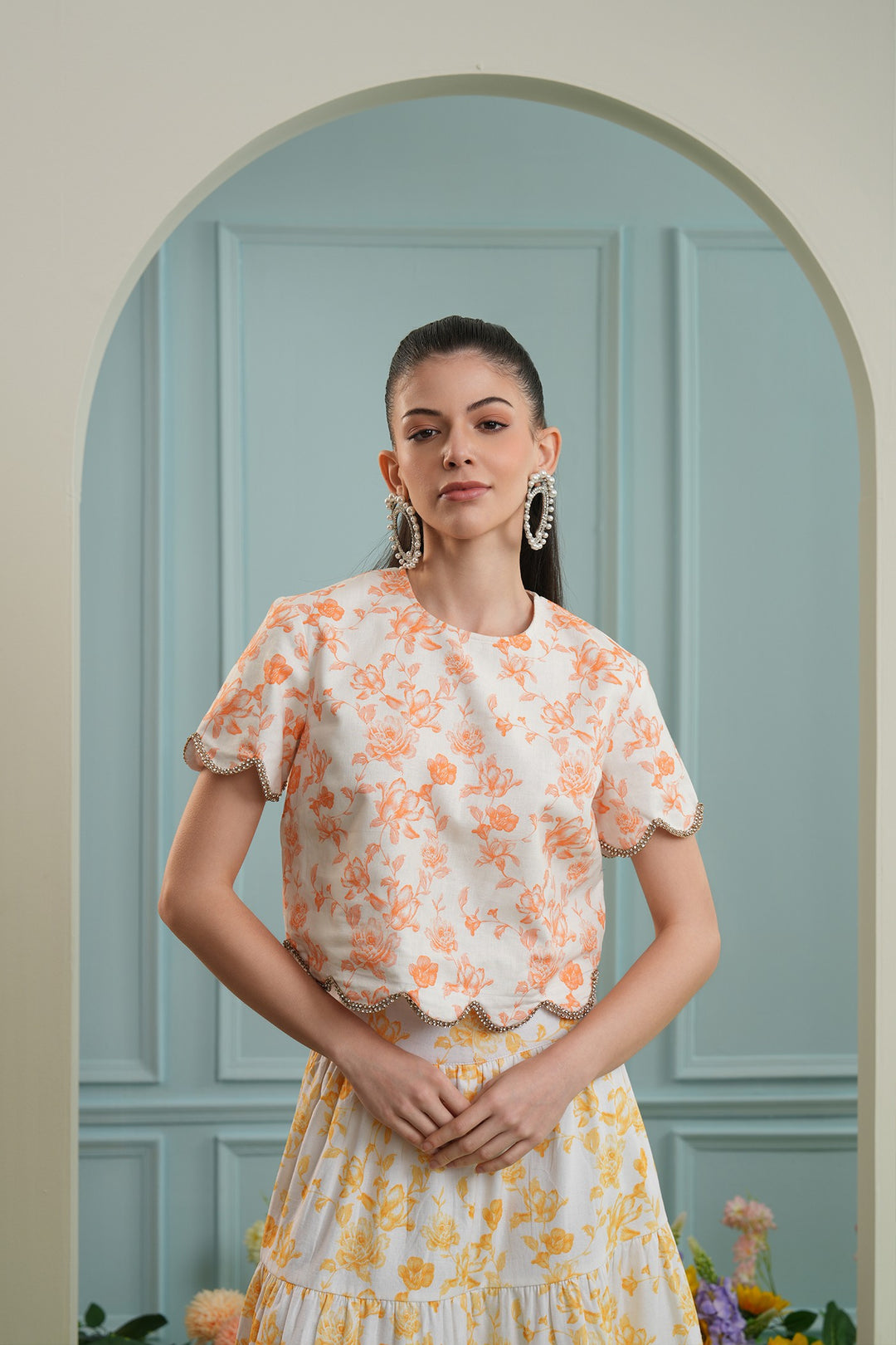 Tulum top -orange roses