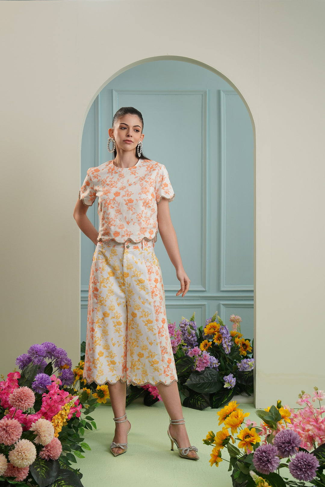 Tulum shorts- yellow orange roses