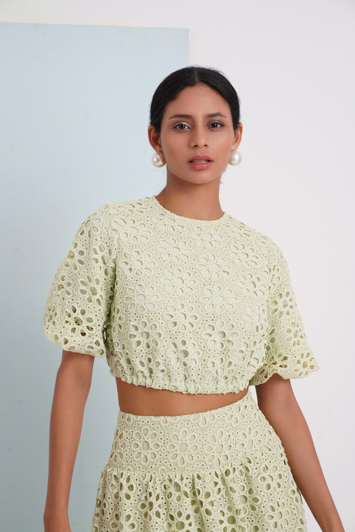 Hats Off Top- Green Floral Lace