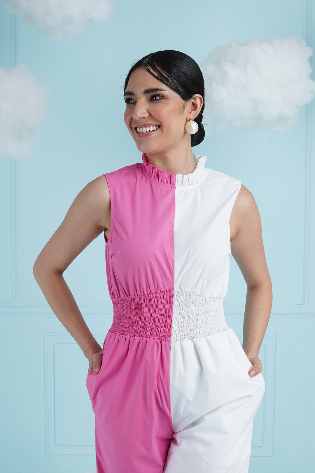 Sim Sim  Jumpsuit- Bubble Gum Pink And White